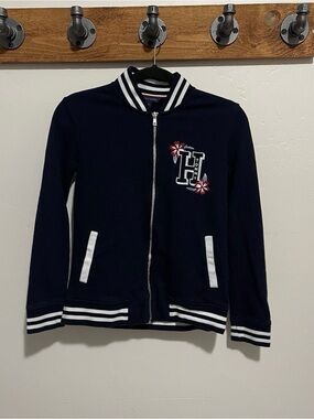 Tommy Hilfiger Women’s XS Navy Varsity Zip Jacket Y2K Floral H Logo